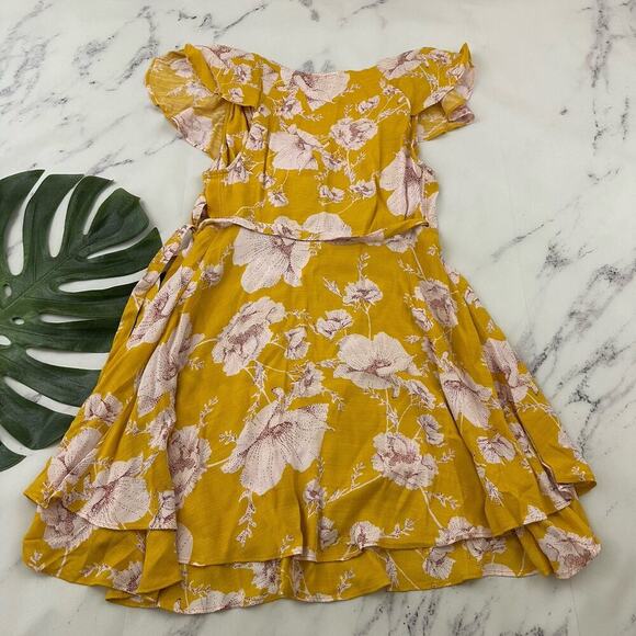 Free People French Quarter Wrap Mini Dress Size XS Yellow Floral Ruffle Flutter - Picture 7 of 10